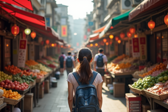 Marché de rue asiatique animé en plein jour avec vendeurs et visiteurs