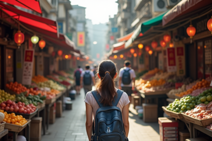 Marché de rue asiatique animé en plein jour avec vendeurs et visiteurs