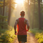 Jeune adulte marchant dans la forêt avec tracker fitness