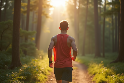 Jeune adulte marchant dans la forêt avec tracker fitness