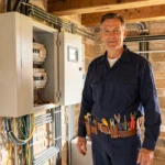 Électricien professionnel dans le Jura devant un tableau électrique moderne dans une maison en pierre