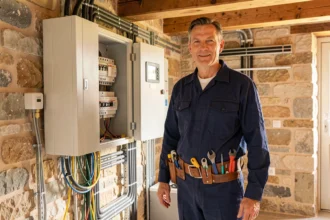 Électricien professionnel dans le Jura devant un tableau électrique moderne dans une maison en pierre