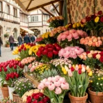 Étal de fleuriste coloré dans une rue alsacienne avec des fleurs fraîches variées et une architecture à colombages en arrière-plan