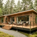 Mobil-home haut de gamme moderne avec cladding bois composite et grandes baies vitrées en pleine forêt