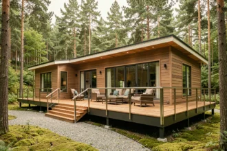 Mobil-home haut de gamme moderne avec cladding bois composite et grandes baies vitrées en pleine forêt