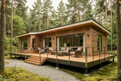 Mobil-home haut de gamme moderne avec cladding bois composite et grandes baies vitrées en pleine forêt