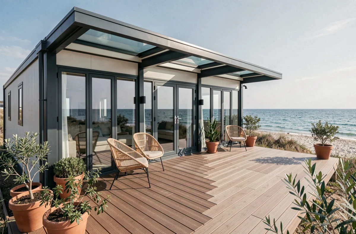 Mobil-home premium en bord de mer avec terrasse composite et vue océan, architecture contemporaine