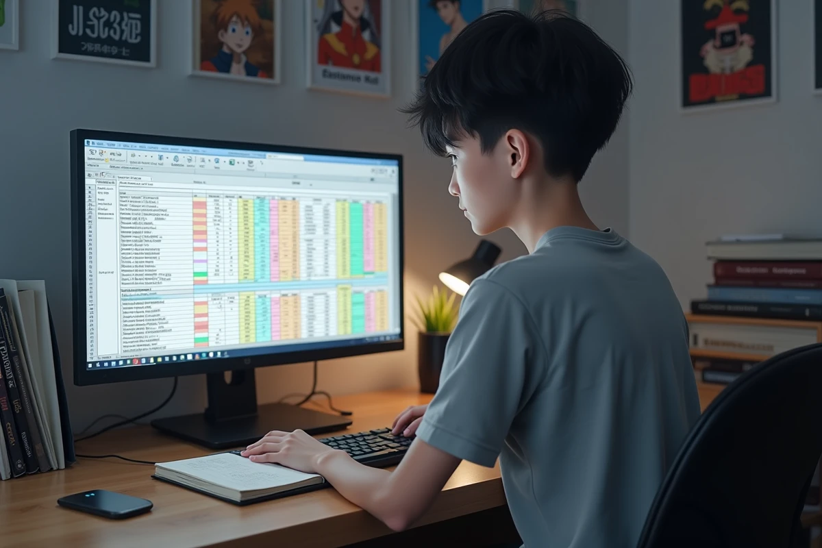 Adolescent prenant des notes sur les épisodes fillers et canoniques de Fairy Tail devant un écran d'ordinateur