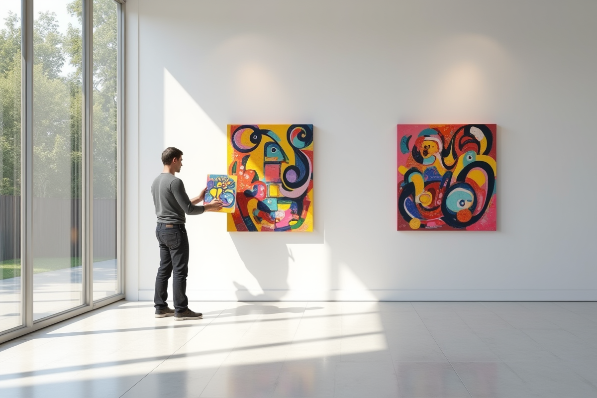 Œuvres cubistes colorées exposées dans une galerie lumineuse