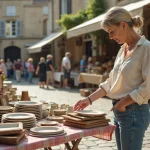 Femme organisant un stand de vide-grenier dans un village de l'Yonne avec vaisselle ancienne et livres sur table pliante