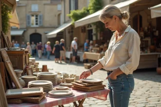 Femme organisant un stand de vide-grenier dans un village de l'Yonne avec vaisselle ancienne et livres sur table pliante