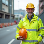 Homme ouvrier en veste jaune sur le trottoir urbain