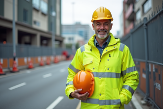 Homme ouvrier en veste jaune sur le trottoir urbain