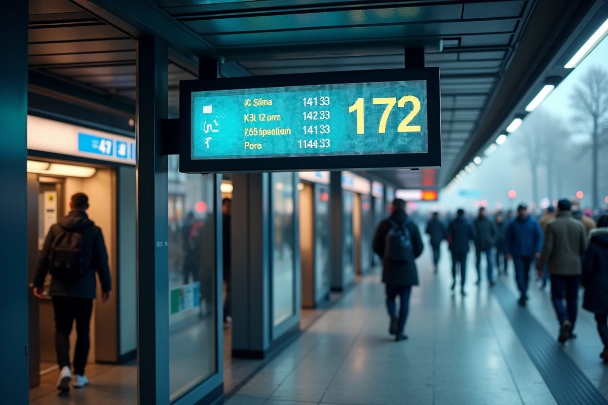 Panneau d'affichage des horaires en temps réel pour la ligne de bus 172 dans une gare routière