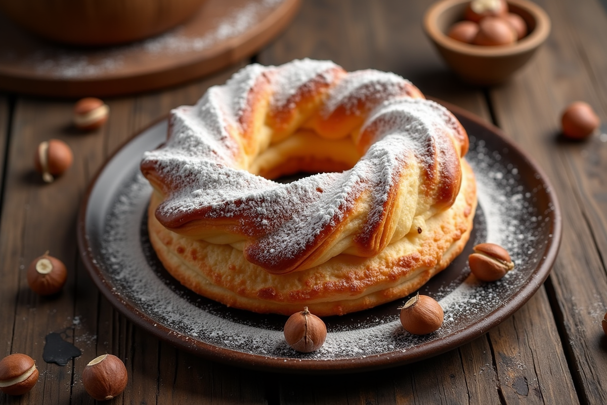 ParisBrest praliné sur table en bois avec noisettes
