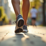 Zoom sur des pieds marchant sur un trottoir ensoleille avec compteur au poignet