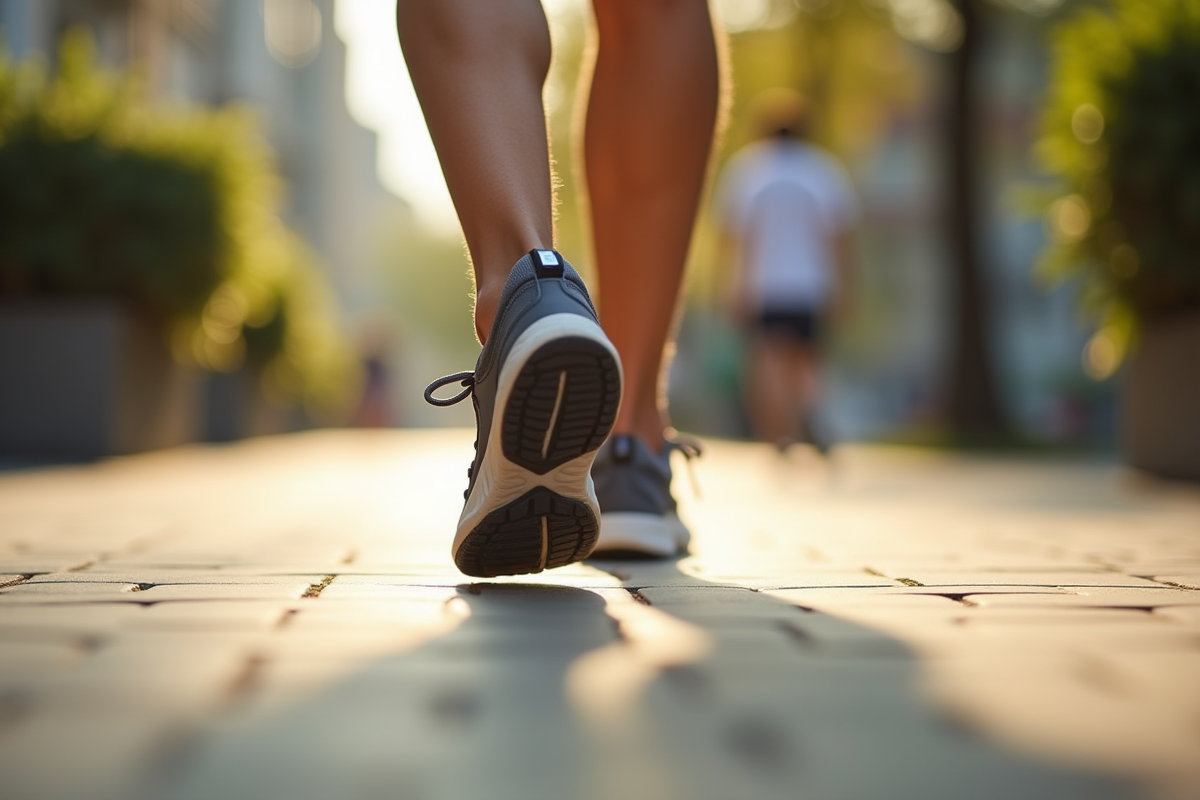 Zoom sur des pieds marchant sur un trottoir ensoleille avec compteur au poignet