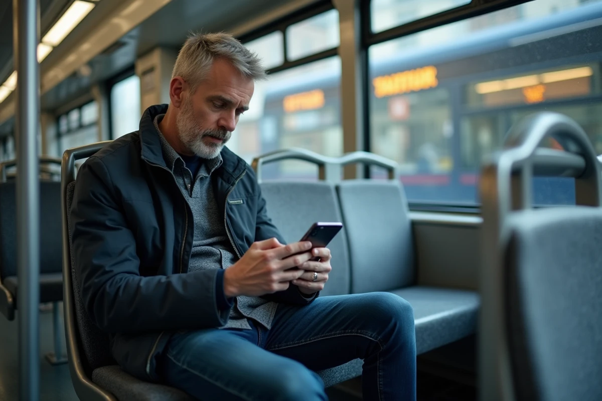 Passager consultant les horaires du bus 172 sur son smartphone pendant le trajet