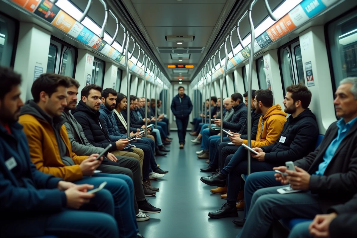 Passagers dans une rame de métro de Toulouse consultant les itinéraires sur smartphone après un concert ou un match