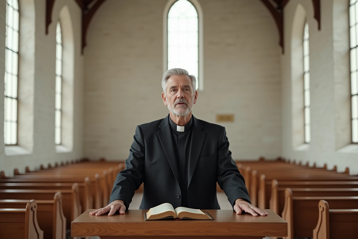Pasteur protestant en costume sombre prêchant depuis une chaire en bois dans une église luthérienne minimaliste