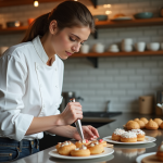 Jeune femme en tablier blanc décorant des pâtisseries