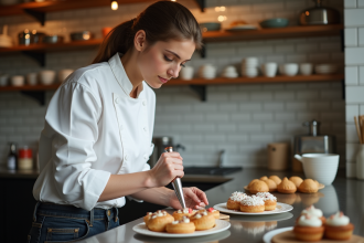 Jeune femme en tablier blanc décorant des pâtisseries