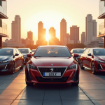 Peugeot 308 GT Line devant la skyline urbaine moderne