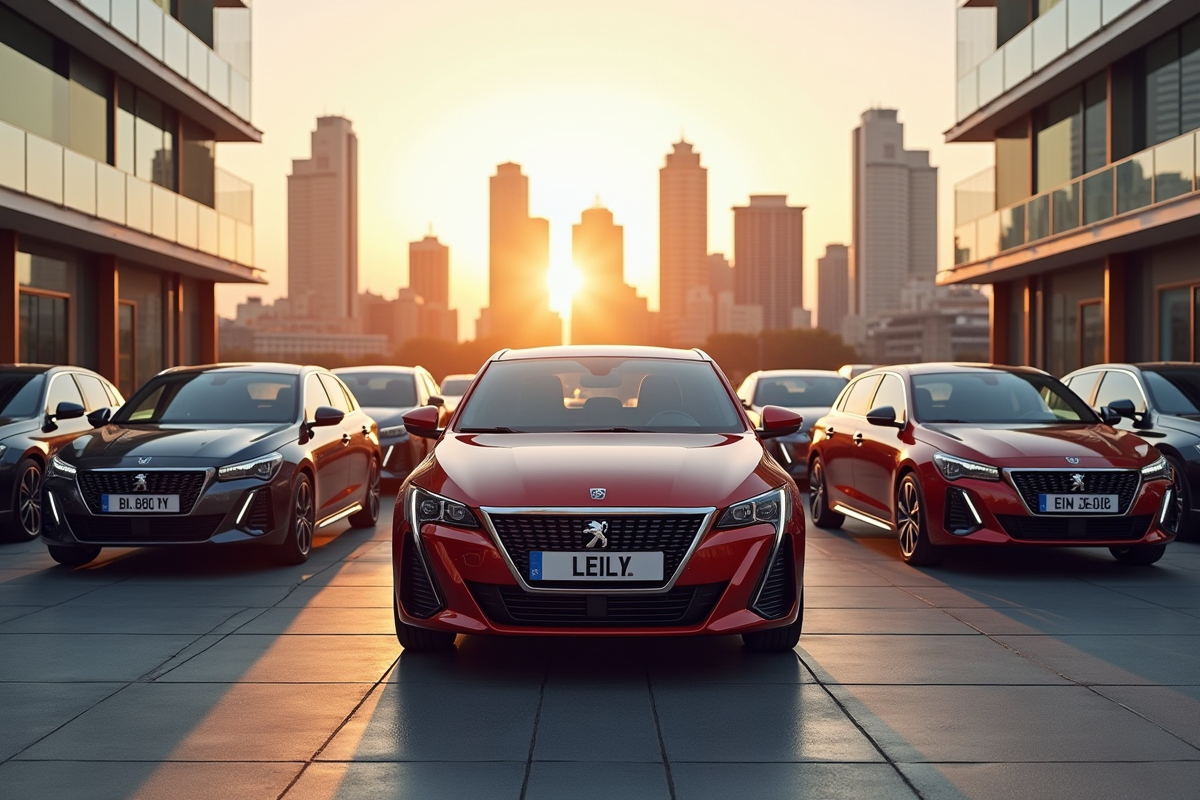 Peugeot 308 GT Line devant la skyline urbaine moderne