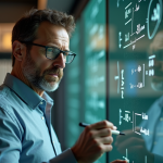 Physicien homme écrivant des formules quantiques dans un laboratoire