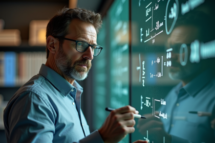 Physicien homme écrivant des formules quantiques dans un laboratoire