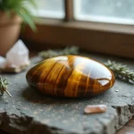 Pierre Œil de tigre polie aux reflets dorés et chatoyants posée sur une surface en granit brut entourée de cristaux de quartz