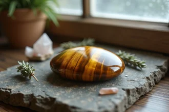 Pierre Œil de tigre polie aux reflets dorés et chatoyants posée sur une surface en granit brut entourée de cristaux de quartz