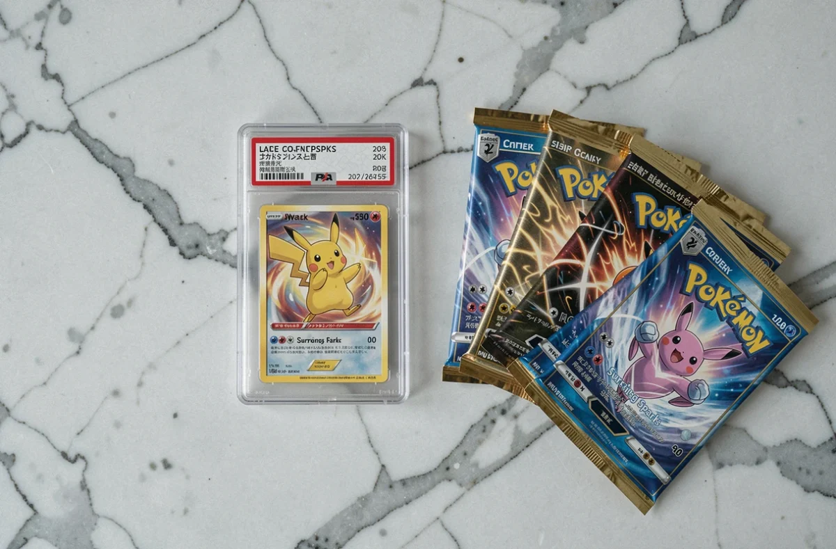 Booster Étincelles Déferlantes et carte Pikachu ex gradée PSA disposés sur marbre pour comparaison de prix
