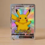 Carte Pikachu ex Étincelles Déferlantes en gros plan avec reflets holographiques sur bureau en bois