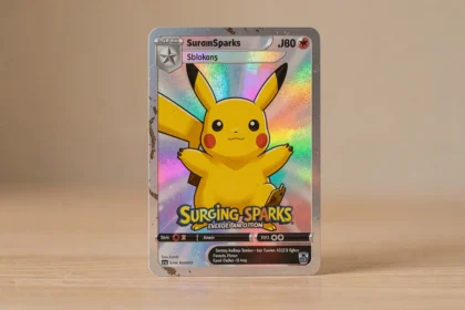 Carte Pikachu ex Étincelles Déferlantes en gros plan avec reflets holographiques sur bureau en bois