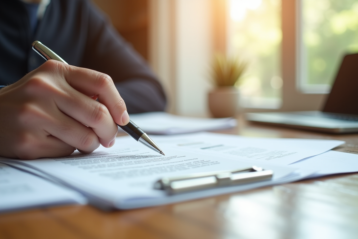Pile de documents juridiques sur un bureau en lumière naturelle