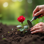 Mains plantant délicatement une rose dans la terre humide