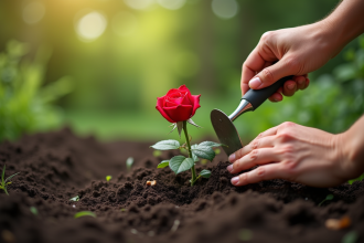 Mains plantant délicatement une rose dans la terre humide