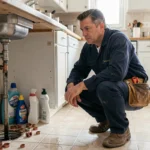 Plombier professionnel intervenant en urgence sous un évier dans une maison de l'Eure