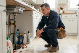 Plombier professionnel intervenant en urgence sous un évier dans une maison de l'Eure