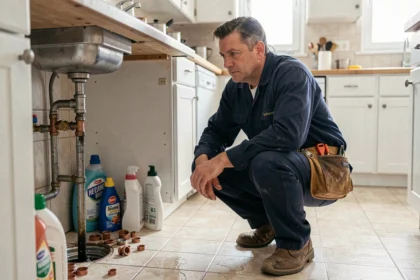 Plombier professionnel intervenant en urgence sous un évier dans une maison de l'Eure