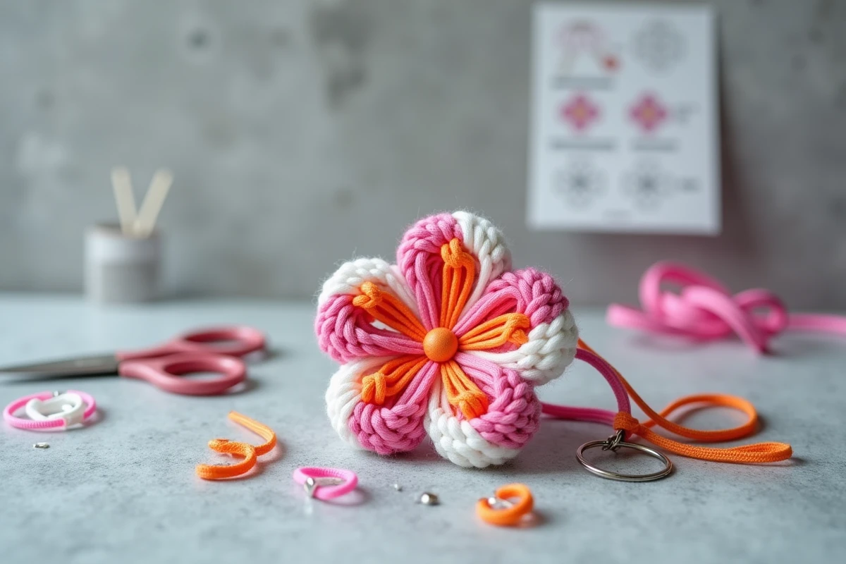 Porte-clés scoubidou fleur terminé en plastique rose et orange posé sur une surface en pierre grise avec des brins colorés autour
