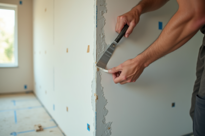 Gros plan d'un poseur appliquant une bande armée sur une cloison en plâtre