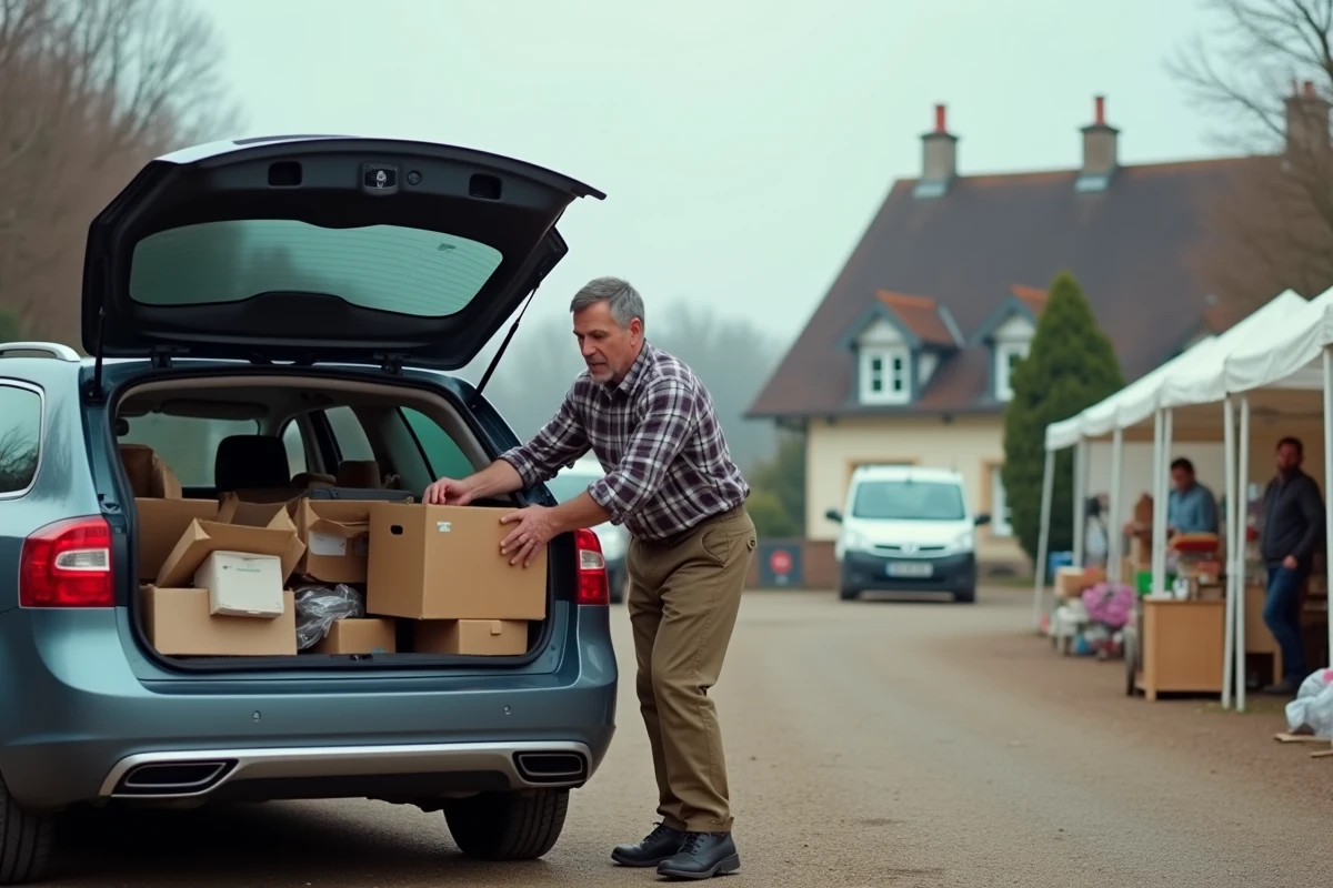 Homme déchargeant des cartons de sa voiture pour installer son stand lors d'un vide-grenier en Bourgogne