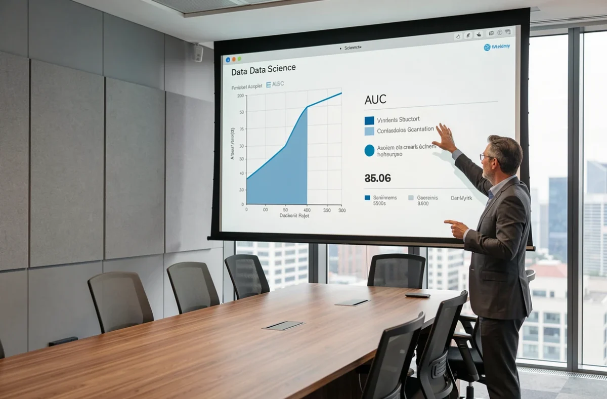 Homme en costume présentant un rapport de data science avec une visualisation AUC projetée en salle de conférence moderne