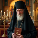 Prêtre orthodoxe âgé en robe noire tenant une Bible dans une église byzantine aux mosaïques dorées