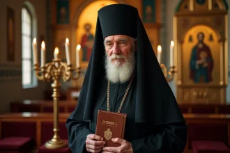 Prêtre orthodoxe âgé en robe noire tenant une Bible dans une église byzantine aux mosaïques dorées