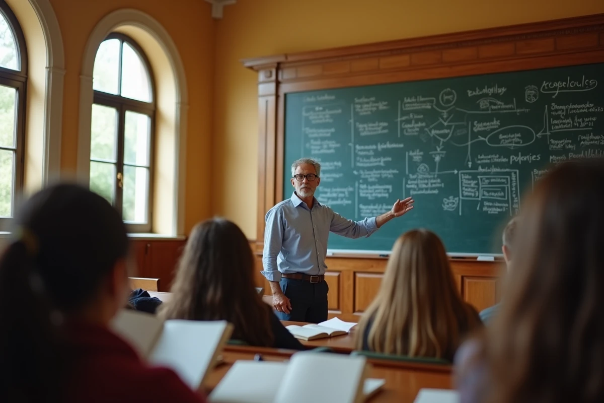 Professeur de sociologie expliquant la définition du fait social et de la norme sociale devant un tableau dans un amphithéâtre universitaire
