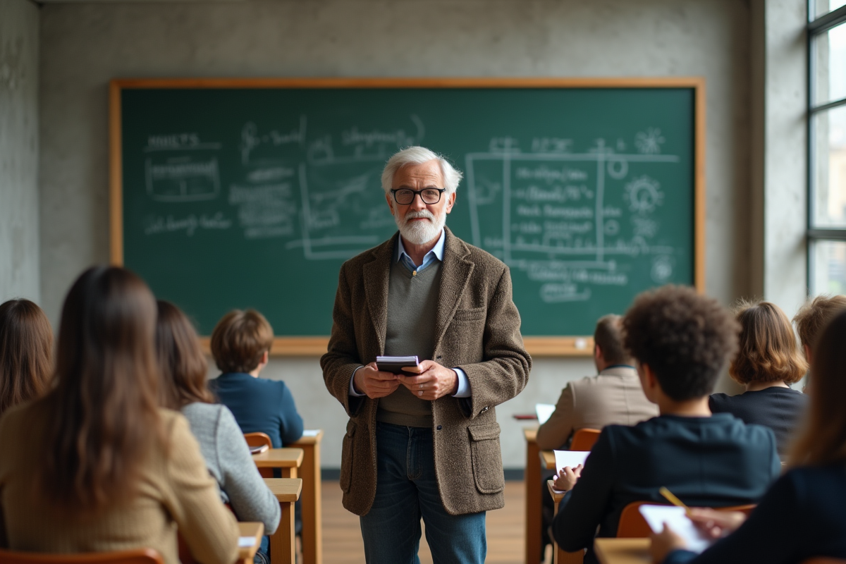 Professeur universitaire en cours avec étudiants attentifs
