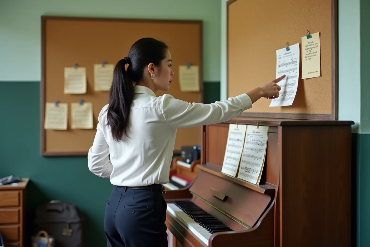 Professeure de musique expliquant les paroles de La Marseillaise devant un tableau de partition dans une salle de musique scolaire